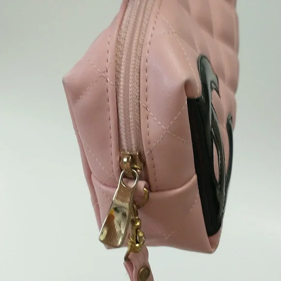 Pink Quilted Cosmetic Case with Black Logo - Picture 3 of 12